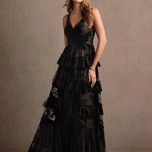 Azazie Cammy Black Ruffle Maxi Dress Black Size 6 Velvet Floral Design